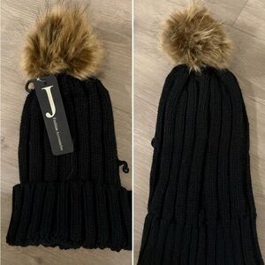 Black Knit Beanie with Faux Fur Pom